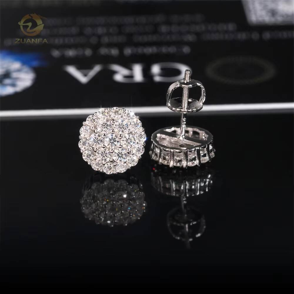 New Arrival Hip Hop Cluster Diamond Round Shape Screw Back 925 Silver Moissanite Sstud Earring
