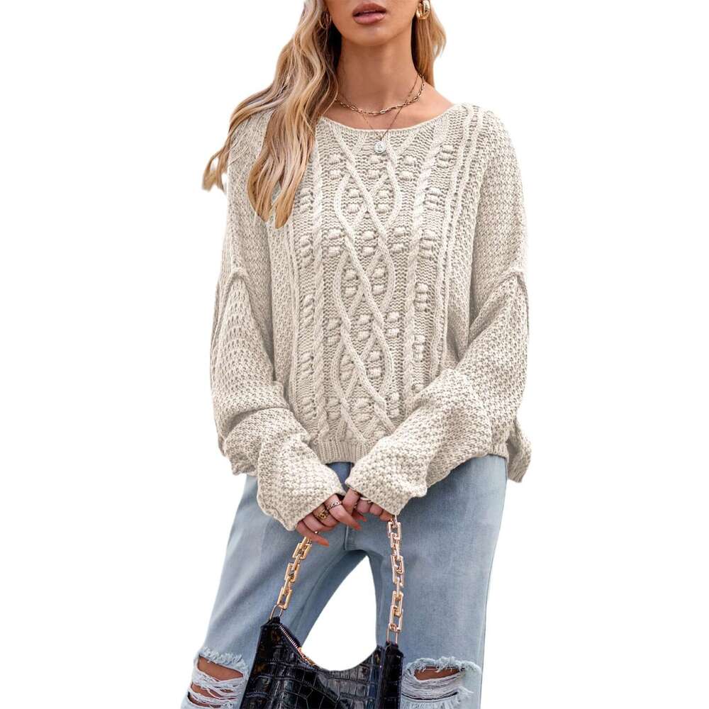 Autumn Winter New Women's Round Neck Twisted Rope Cable Knit Loose Plus Size Sweater B5