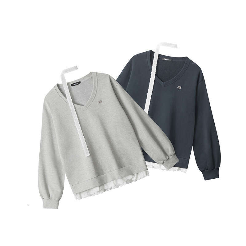 Fake Two-Piece Lace Patchwork Neck Scarf Design Top Women V-Neck Loose Sweatshirt Hot Girl Style B5