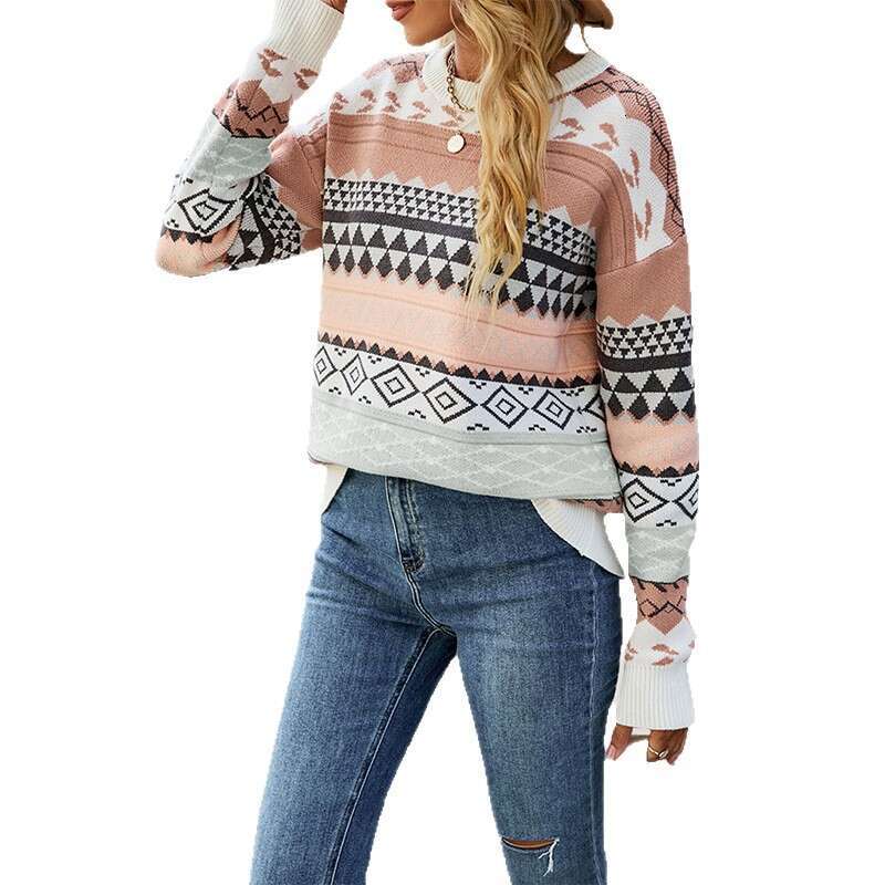 Autumn Winter New Women's Clothing Pattern Diamond Jacquard Multi-Color Spliced Knitted Sweater Pullover B5