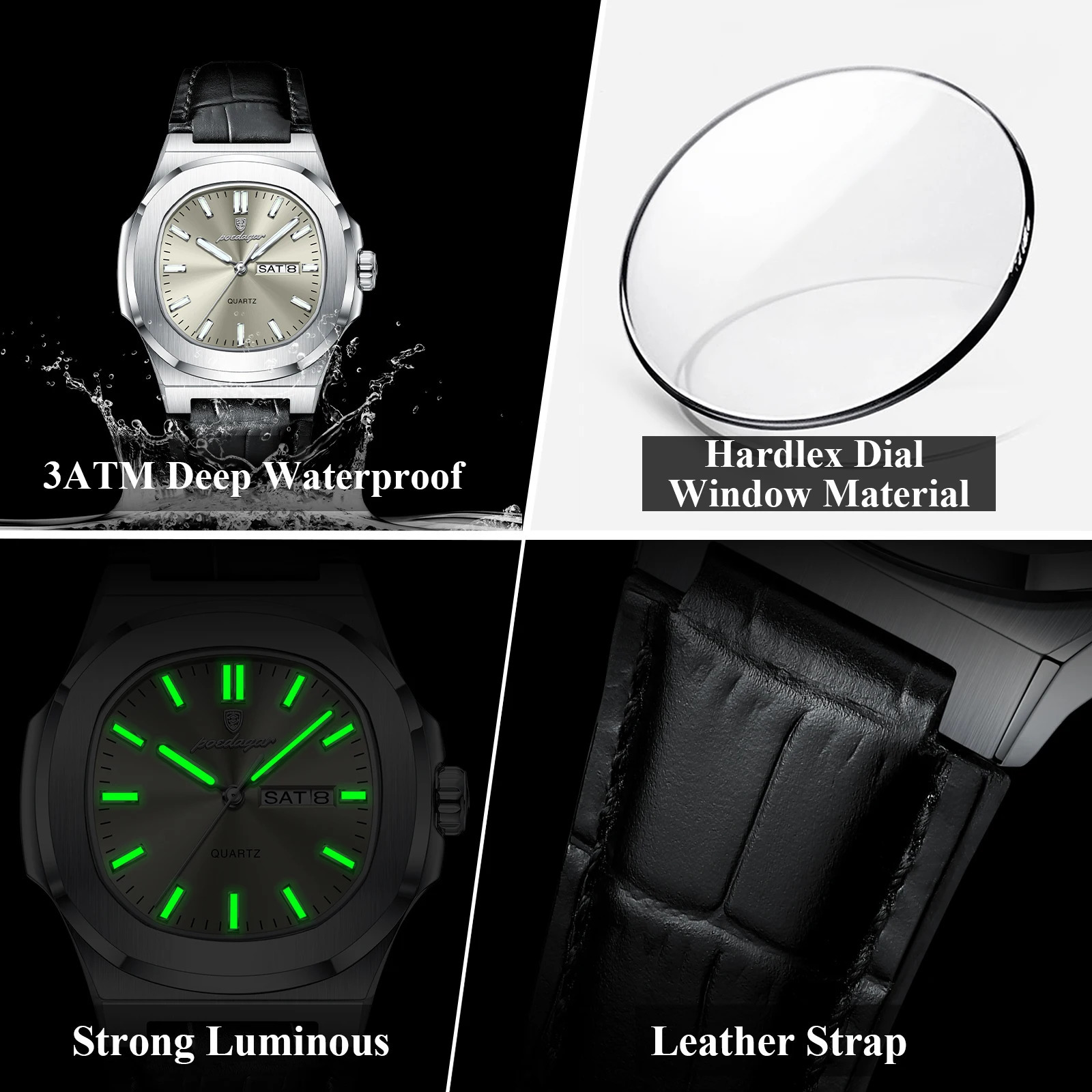 POEDAGAR High Quality Watch For Men Luminous Waterproof Week Calendar Man Clock Leather Square Mens Quartz Watches Reloj 250819