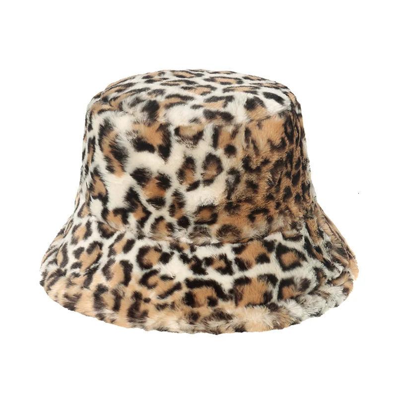 Winter Bucket Hat Womens Fashion Leopard Panama Warm Hats Female Vintage Faux Fur Fisherman Cap Hats For Women Drop 250819