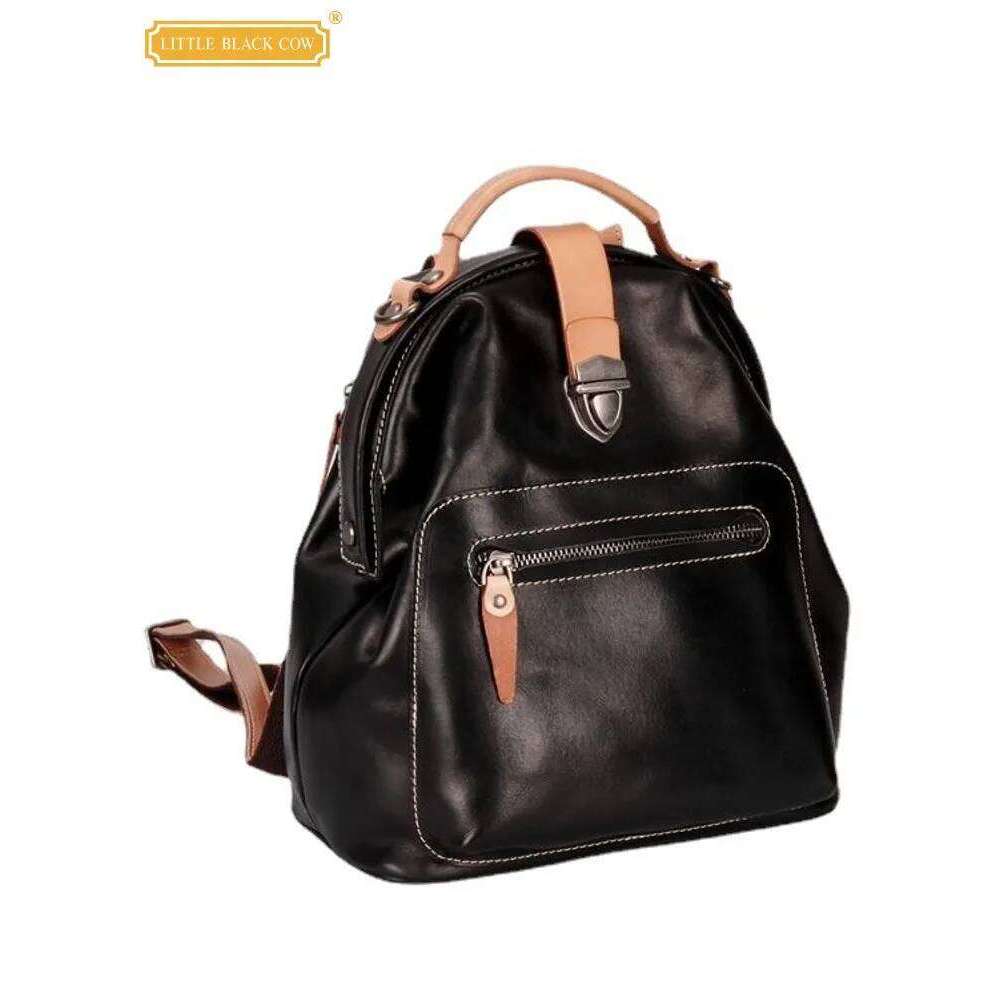 Women Fashion Italian Cowhide Genuine Leather Backpack Outside Casual Travel Double Shoulder Bag Vintage Teenager Girl Schoolbag