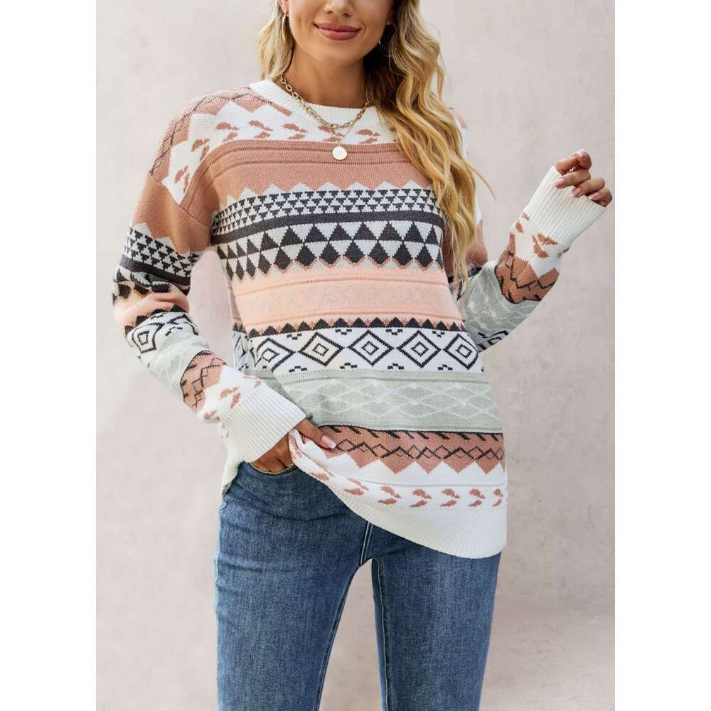 Autumn Winter New Women's Clothing Pattern Diamond Jacquard Multi-Color Spliced Knitted Sweater Pullover B5