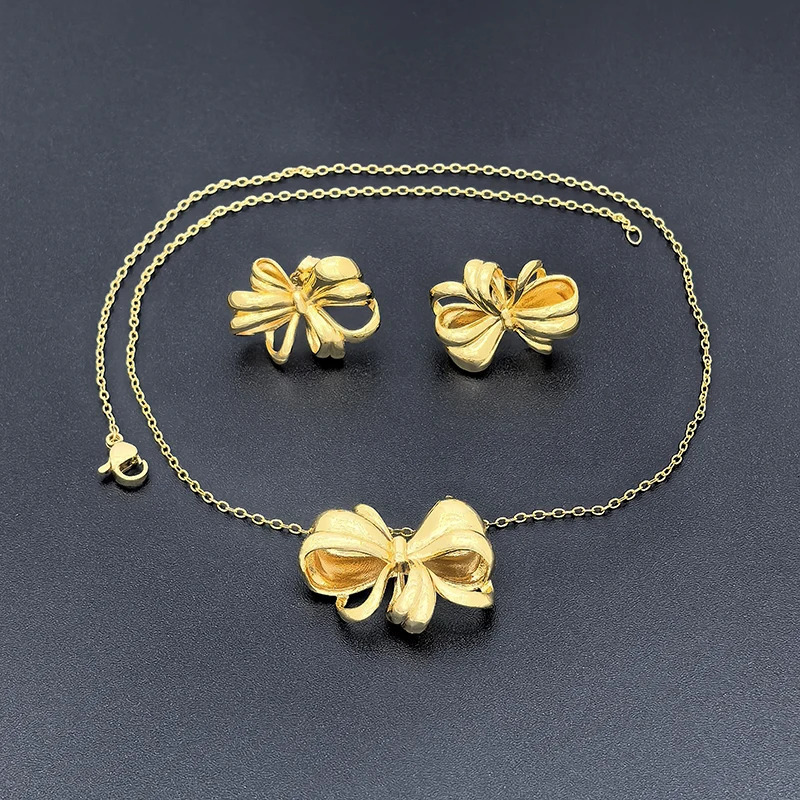 Italian Earrings Necklace Exquisite Bow Knot Pendant Sets Dubai Gold Plated Copper Engagement Appointment Jewelry Gifts 250815