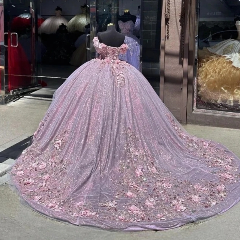 Lilac Shiny Princess Off Shoulder Quinceanera Dresses Sequin Applique Flower Beads Tull Sweet 16 Dress Ball Gown Vestidos 15 Anos
