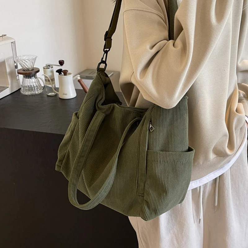 Women Corduroy Tote Bag Casual Multi Pocket Handbag Adjustable Strap Crossbody Sling Bag Zipper Shoulder Bag Fall Winter Bag 250814