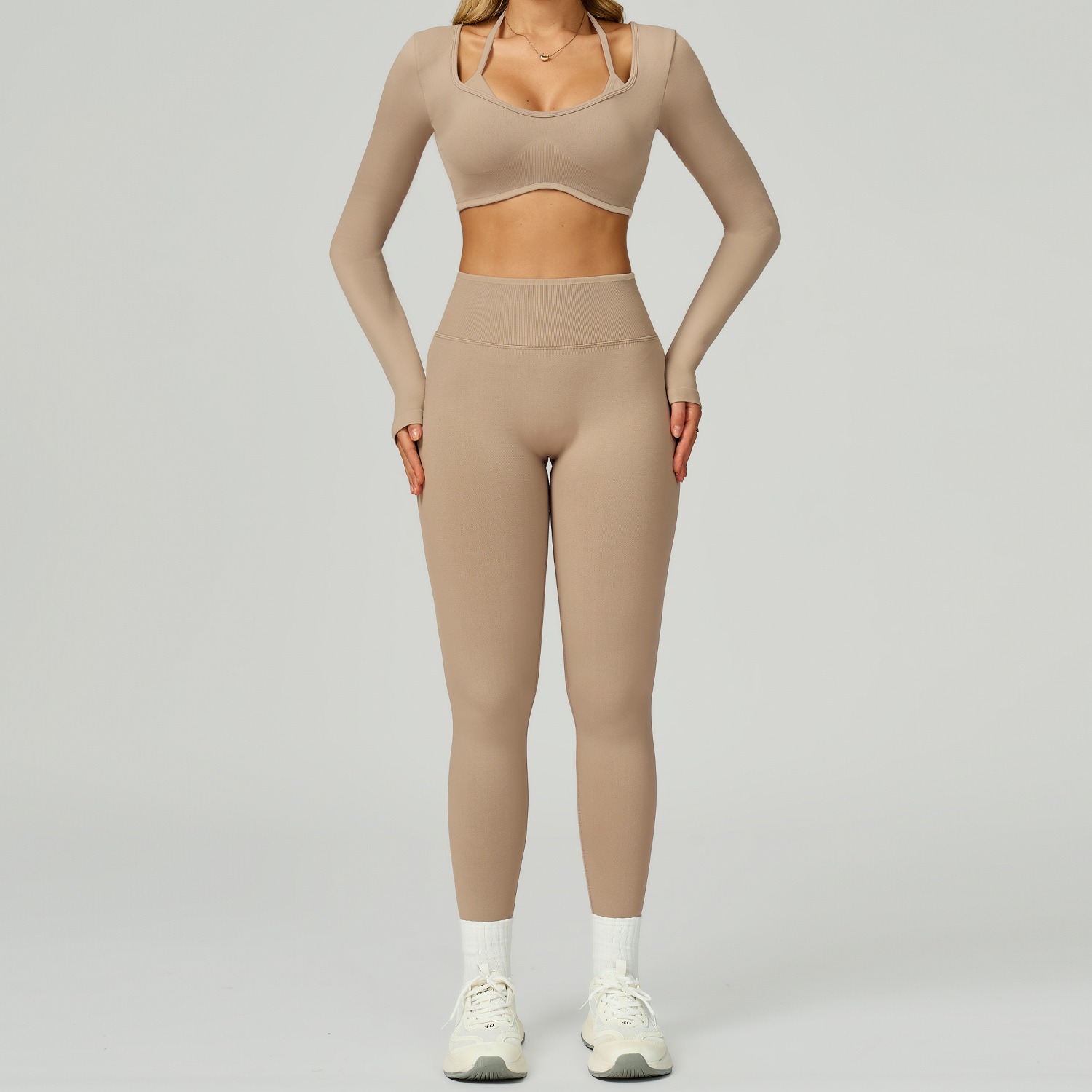 Women's Seamless Yoga Set - Halter Neck Long Sleeve & High-Waist Leggings for Sports