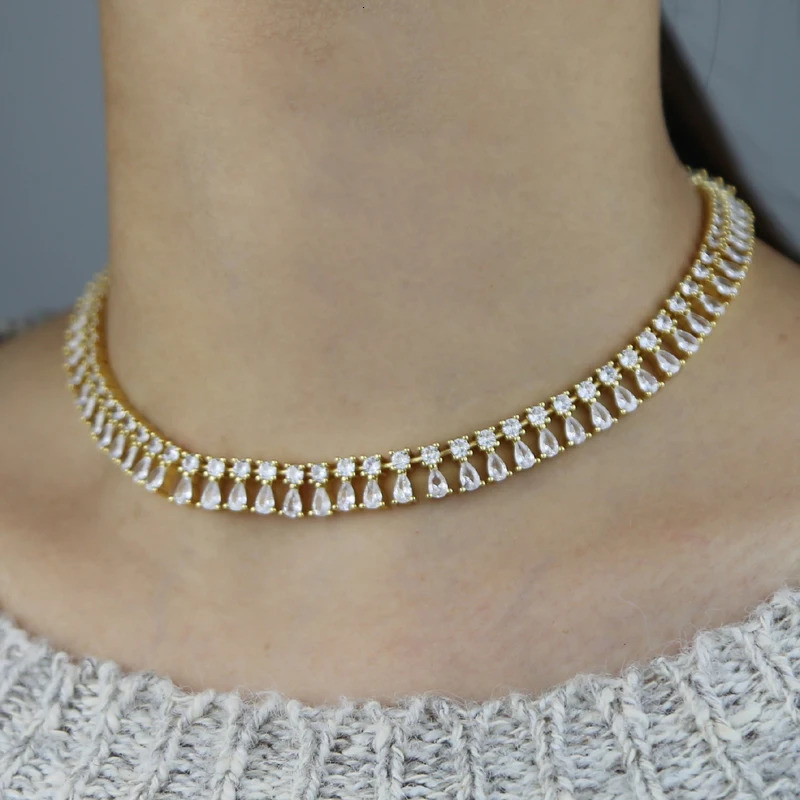 Iced Out Bling Tear Drop Necklace Silver Color Round Cubic Zirconia Cz Tennis Paved Link Chain Choker For Women Jewelry 250815