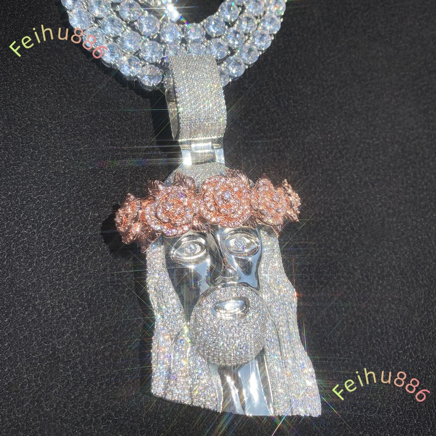 Rose Gold Twe Tone Huge Spooky Big Jesus Head Moissanite Charm Iced Out Rose Crown Jumbo Pendant Moissanite Necklace for Men