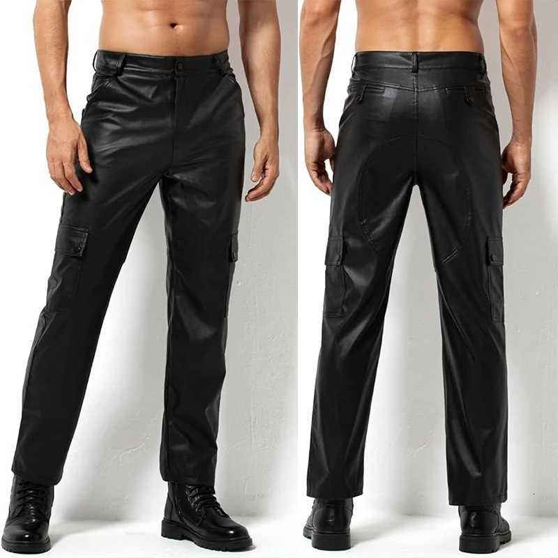 Arjen Kroos Mens Leather Pants Casual Straight Leg Motorcycle PU Leather Pants with Multiple Pockets W250819