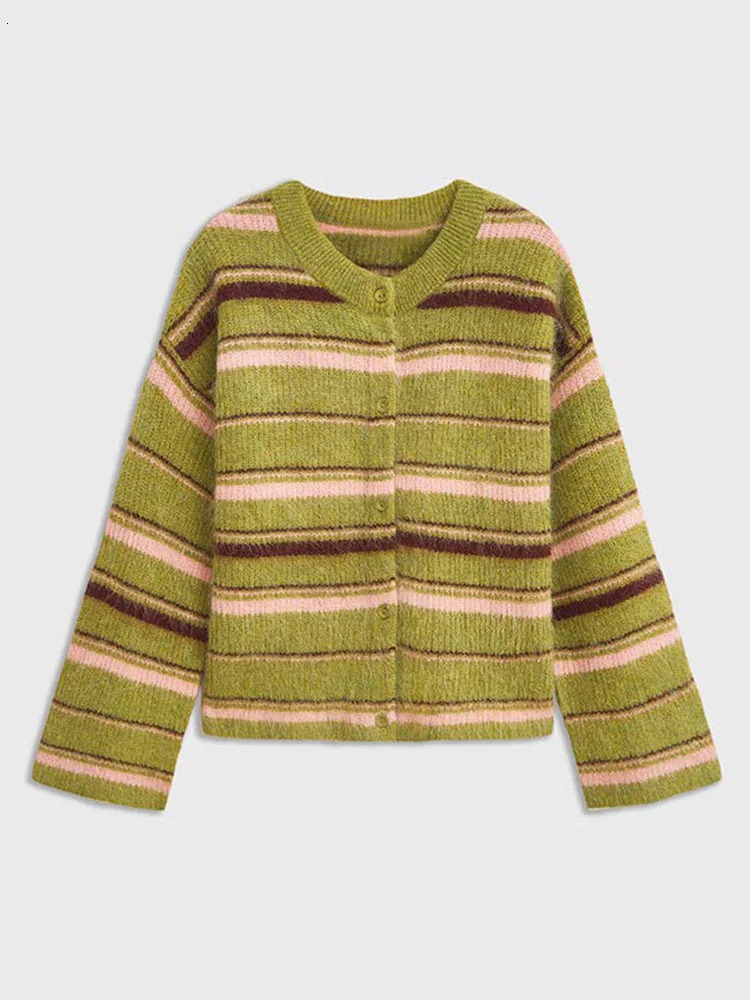 Elegant Stripe V Neck Women Sweater Single Breasted Loose Knitted Lady Cardigan Autumn Full Sleeve Female Coat 250819