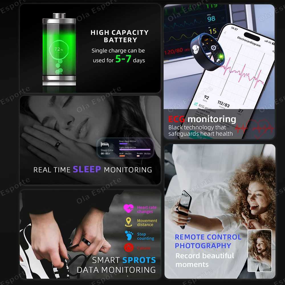 New ECG Smart Ring Men Women Charging Box Body Temperature Blood Pressure Health Monitor 5ATM Waterproof Remote Control Rings W250819