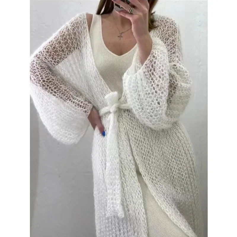 Knitted Open Stitch Cardigan Sweater for Women Autumn Winter Solid Fashion Front Pocket Long Coat Loose 250819