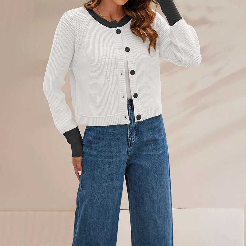 Autumn Winter New Tiktok Round Neck Color Block Fashion Button Contrast Knitted Cardigan Jacket B5