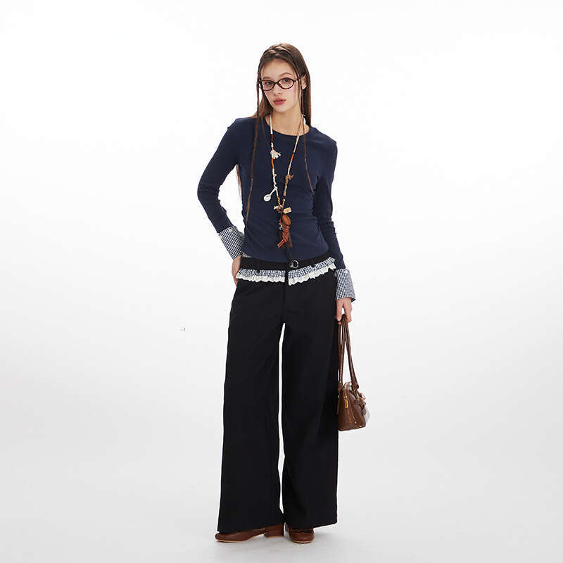 Waist-Cinching Ruched Patchwork Design Top For Women, Niche Early Spring And Autumn Color-Block Slimming T-Shirt B5