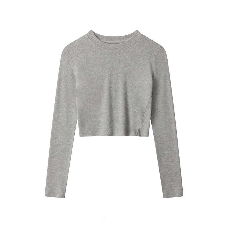 Spring And Autumn Hot Girl Sexy Slim Fit Slit Long Sleeve Women's Crop Top Short Tight Solid Color T-Shirt B5