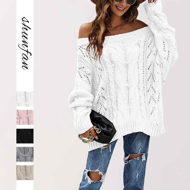 New Autumn And Winter Women's Off-Shoulder Loose One-Line Collar Solid Color Pullover Knitted Sweater B5