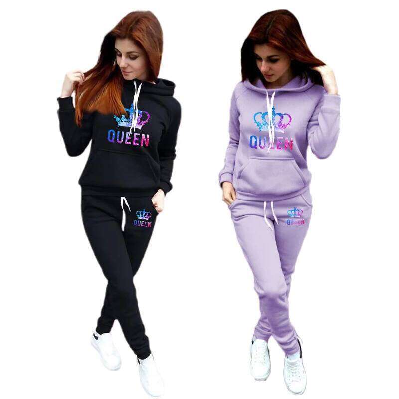 Color Queen Womens Tracksuit Autumn Winter Warm Printing Hooded Sweatshirts Suit Fashion Casual High Quality Jogging Pants Sets