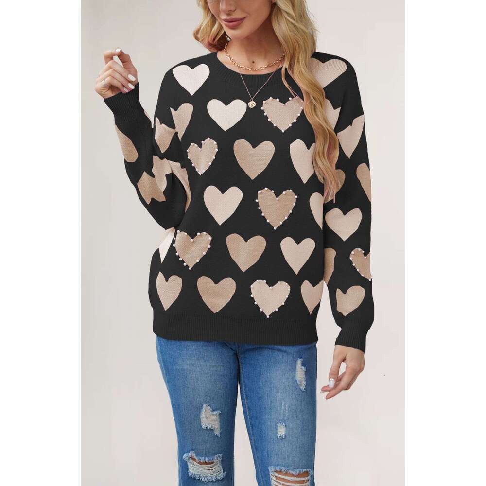 Winter New Valentine's Day Heart Peach Pullover Round Neck Handmade Beaded Craft Knit Sweater B5