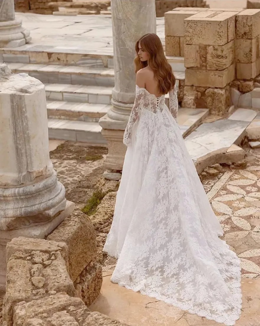 Lace A Line Wedding Dresses Detachable Sleeves Strapless Modern Floor Length Backless Bridal Gown Vestidos De Novia