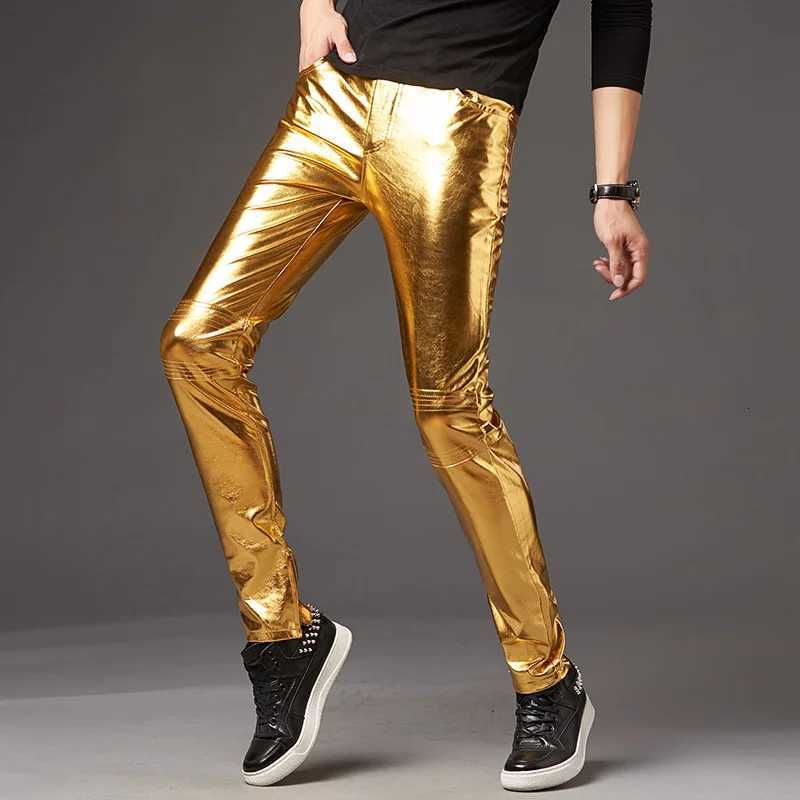 Autumn/Winter Mens Leather Pants Korean Slim Fit Feet Pants Stage Performance Mens Motorcycle Bright Silver Leather Pants W250819