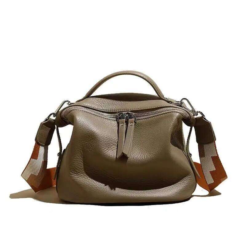 Beige Solid Color Cowhide Leather Women S Handbag Female Shoulder Bag Straps All Match Soft Cowskin Tote