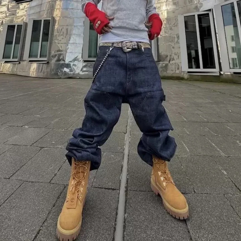 MIJKO High Street Original Color Wide Leg Blue Baggy Jeans for Men Straight Loose Pockets Casual Denim Pants Oversized Cargo Trousers