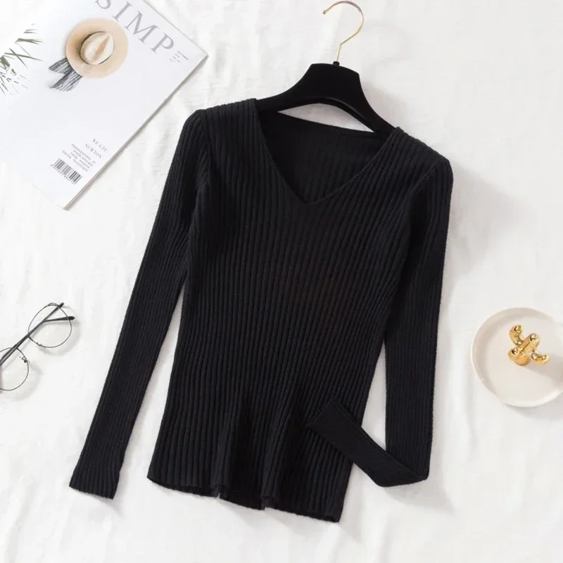 Casual Long Sleeve Knitted V Neck Pullover Autumn Winter Women Sweaters Femme Basic Solid Jersey Tops Fashion Clothes 250819