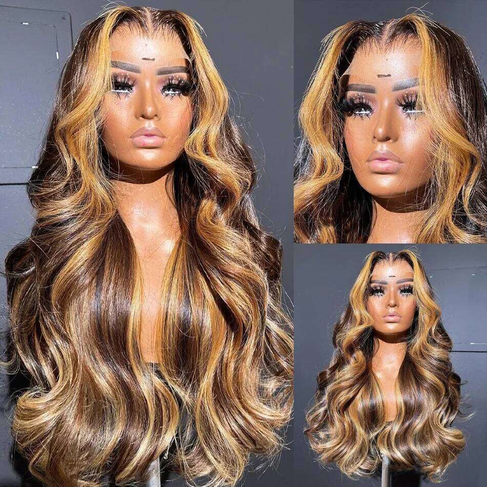 Glueless Highlight Body Wave Front Human Hair Wigs Colored Honey Brown 13X6 Frontal 7X5 HD Lace Closure Wig