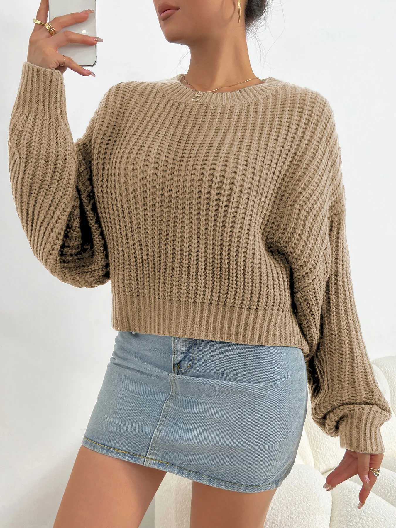 Womens Solid Round Neck Batwing Sleeve Sweater Casual Long Sleeve Crew Neck Jumper for Spring and Fall Womens Knitwear XJ250819