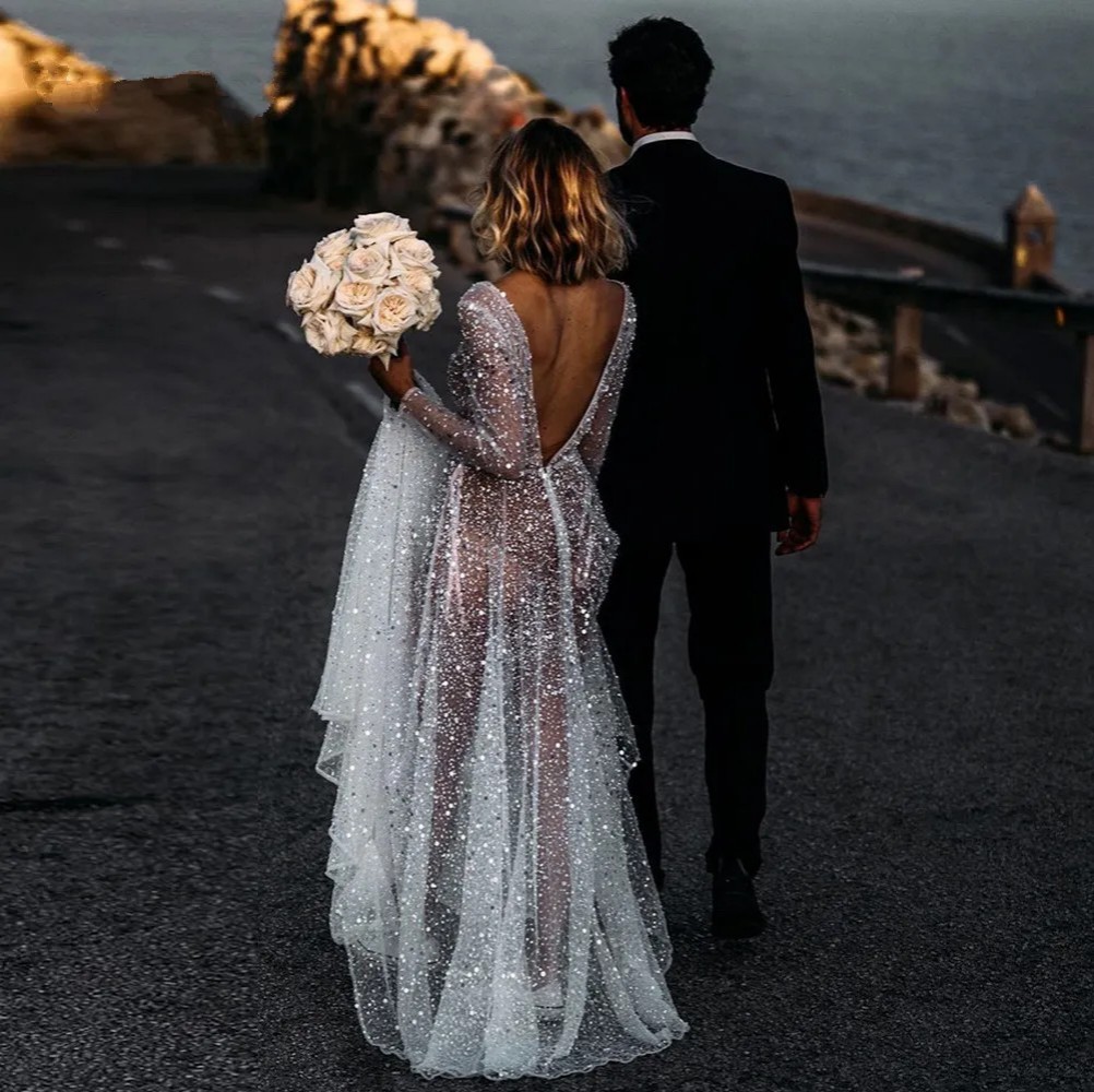 Sexy Illusion Boho Wedding Dress A-Line V-Neck Sleeves Wedding Dresses Backless Beach Bridal Gowns Sequined Beading Beach