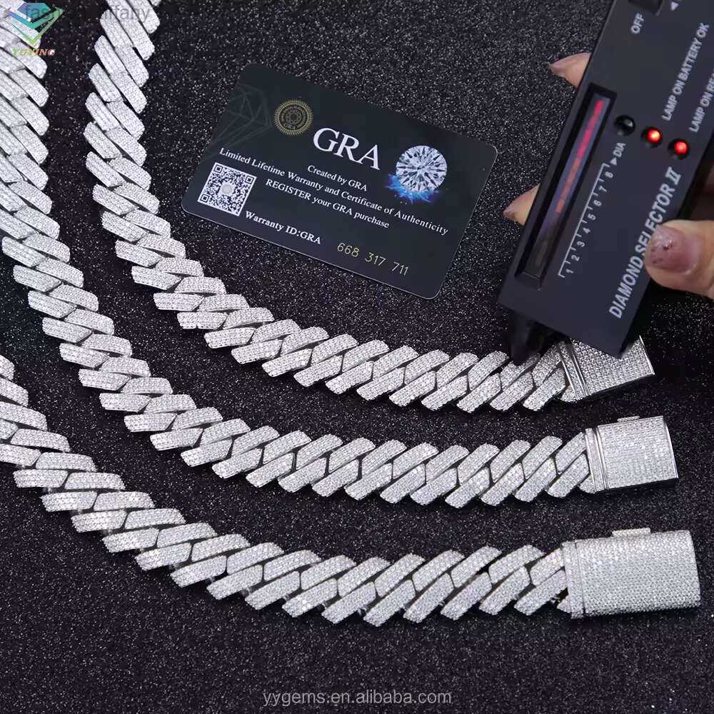 designer necklace moissanite chain silver necklace hip hop jewelry 15mm wide 2rows cuban link chains vvs moissanite white gold plated sterling sier cuban bracelets