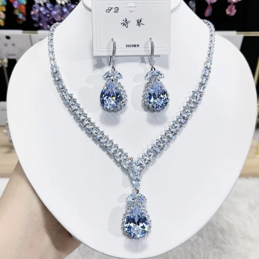 Women Fashion Trend Zircon Necklace Earrings Blue Drop Set 250815