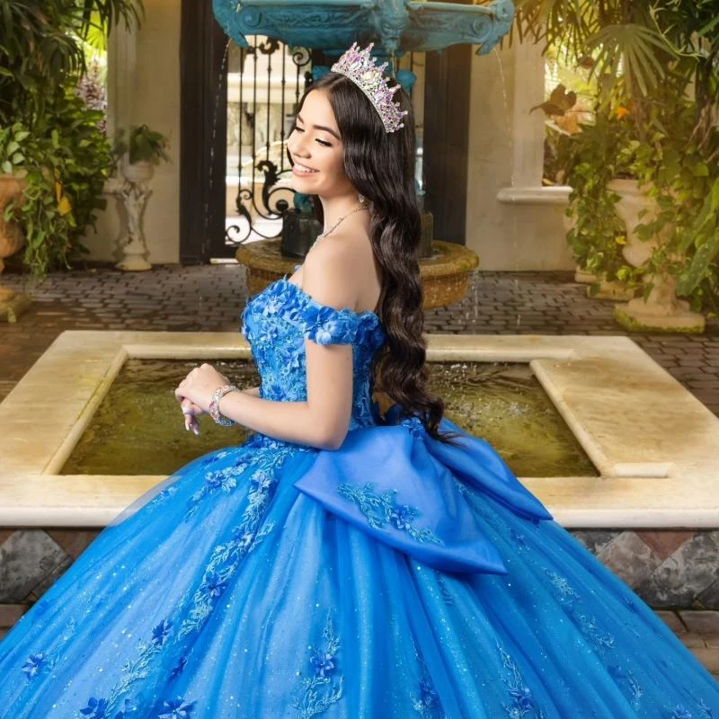 Blue Quinceanera Dress Off The Shoulder Applique Flower Beading Bow Tull Ball Gown Vestidos De 15 Anos Sweet 16 Dress