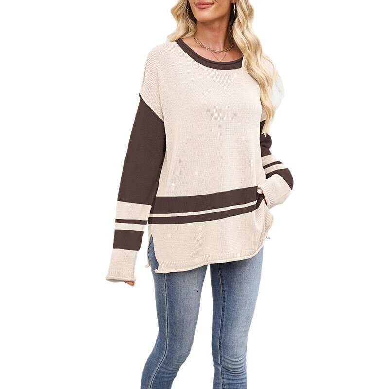 New Knitted Autumn Winter Women's Color Block Round Neck Loose Casual Pullover Sweater B3