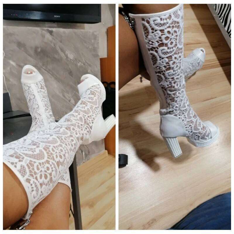 ASILETO Ladies Summer Boots Peep Toe Chunky Heels Lace Mesh Splice Big Size 33-43 Black Whiete Fashion Sexy S4036