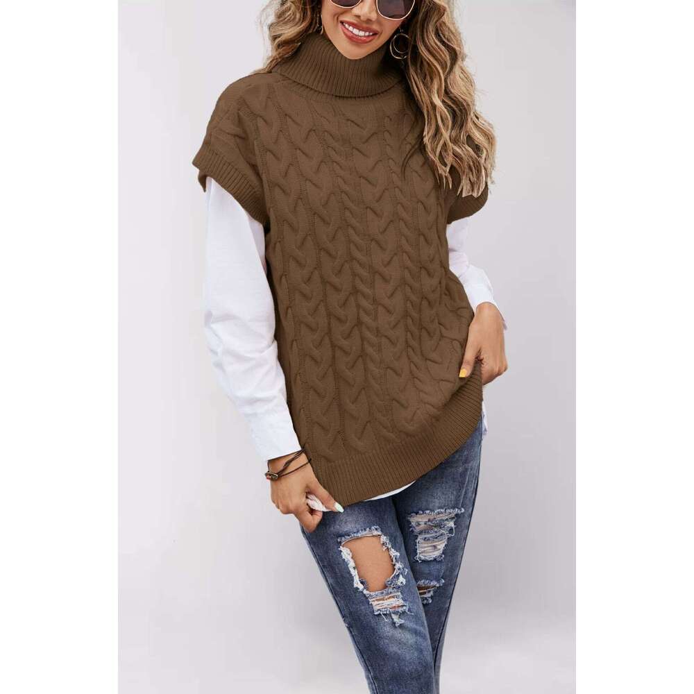 Autumn Winter Women's Sleeveless Button Rope Vest Knitted Loose Pullover High Neck Sweater B5