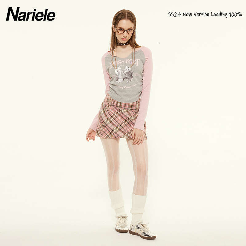 Color-Block Long Sleeve T-Shirt Women's Spring Ruched Design Hot Girl Slim Fit Short Top B3