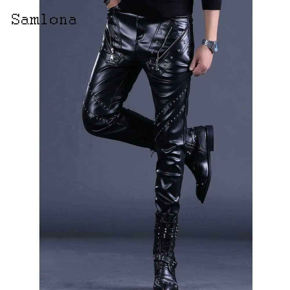 Sexy Zipper PU Leather Pants Men Streetwear 2025 European Style Fashion Rivets Party Trousers Black Luxury Faux Leather Hotpants W250819