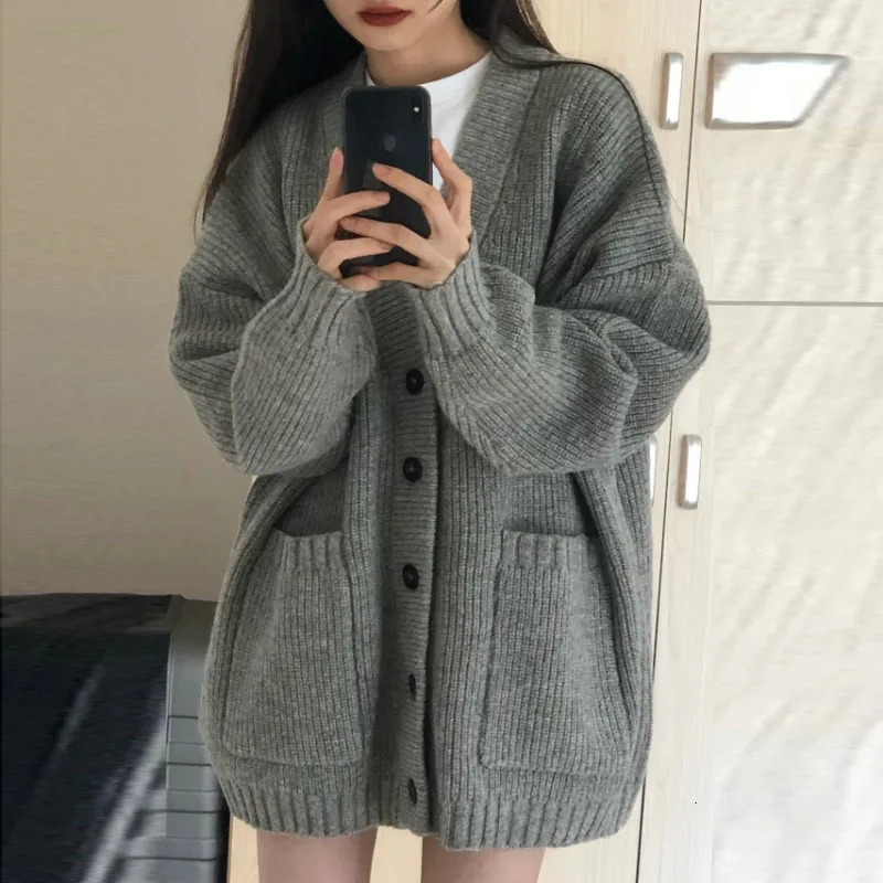 Autumn Winter Women Cardigan Sweater Coats Fashion Female Long Sleeve Vneck Loose Knitted Jackets Casual Cardigans 250819