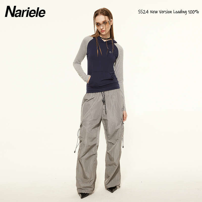 Spring Hooded Design Contrast Color Splicing Raglan Long Sleeve Casual Top T-Shirt For Women B5