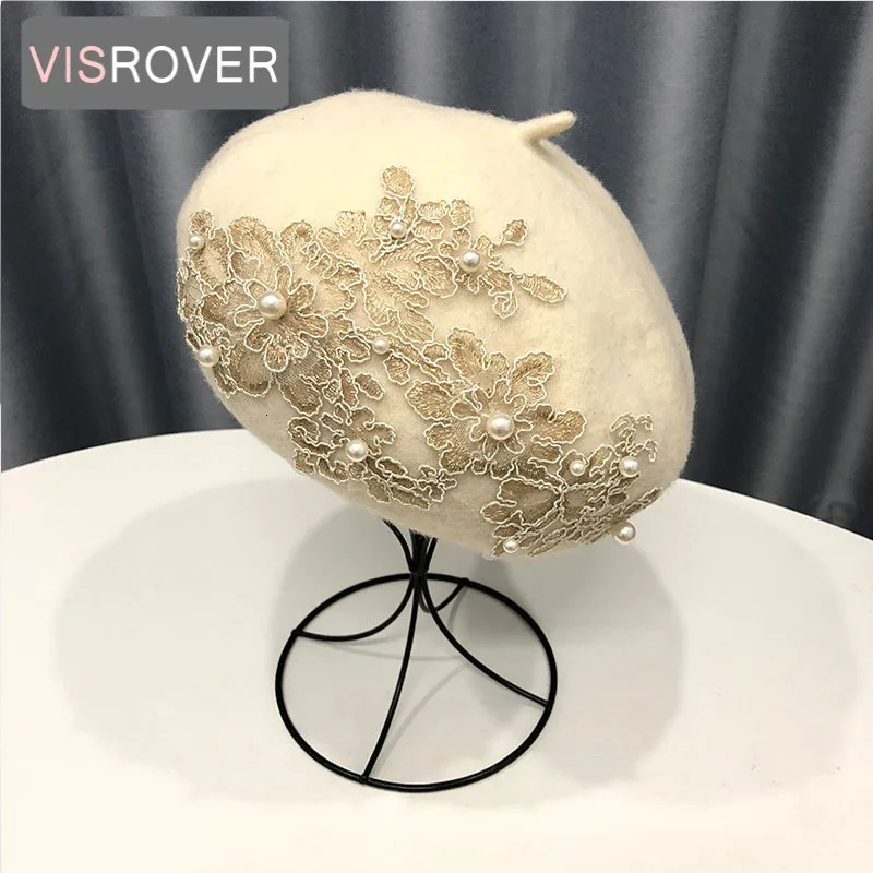 VISROVER winter wool beret with lace and pearls female wool cap winter autumn spring hat solid color top quality Women Boina 250819