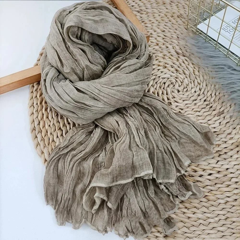 Cotton Linen Scarf Solid Color Female Literary Texture Fold Length Spring Autumn Winter Shawls Thin Fried Dough Twists Ethnic 250818