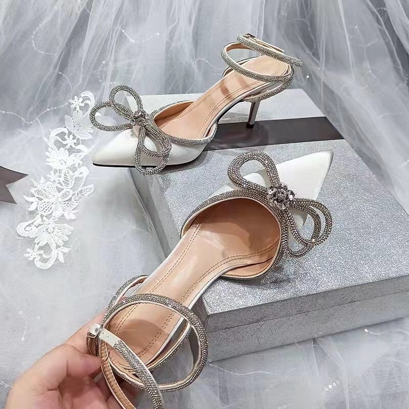 2025 Spring New Rhinestone Bow High Heels Sandals Back Strap Closed Toe Shallow Mouth Satin Single Shoes ddmymoon