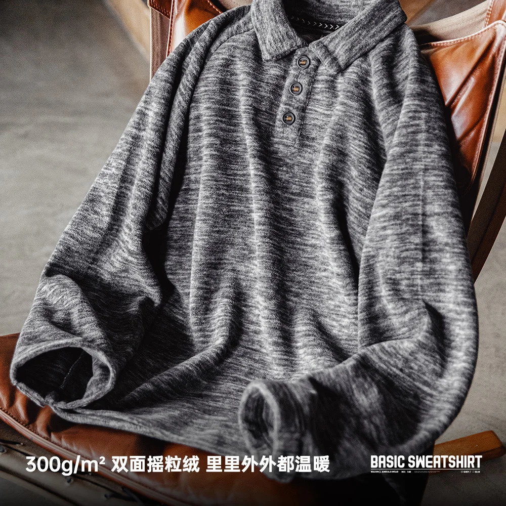 Maden Casual Half-button Placket Polar Fleece Polo Shirt Loose Fit Pullover Sweatshirt with Raglan Sleeves Warm Tops for Men 250818