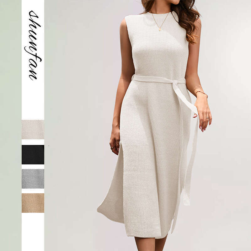 Autumn New Women's Solid Color Base Knitted Fashion Commuter Slit Dress B5