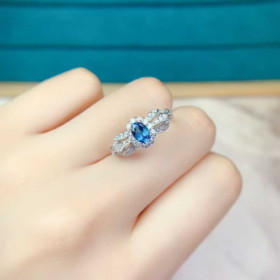 Genuine 925 silver gemstone ring London blue topaz ring 0.5ct 4mm*6mm VVS grade natural topaz jewelry birthday gift for women