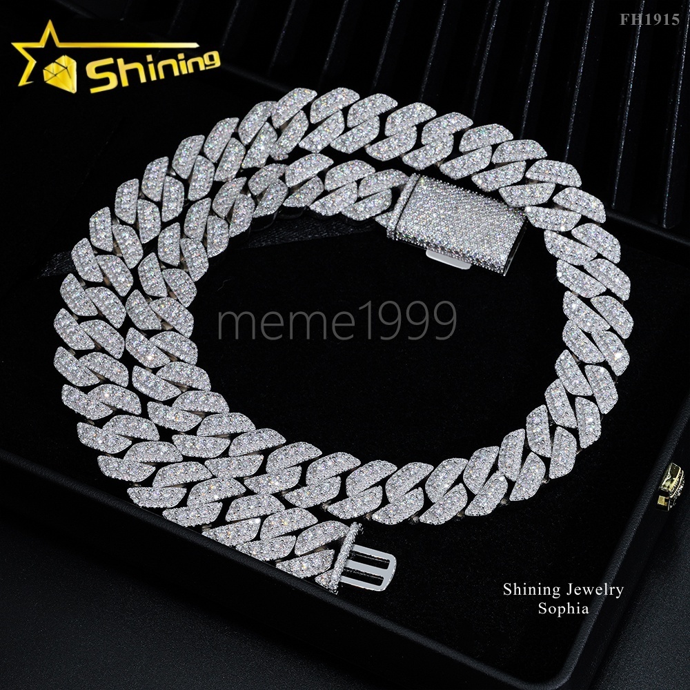 Raise Diamond Design 15MM 3Rows Iced Out Hip Hop Fashion Design Rapper Men Jewelry Moissanite Diamond Miami Cuban Link Chain