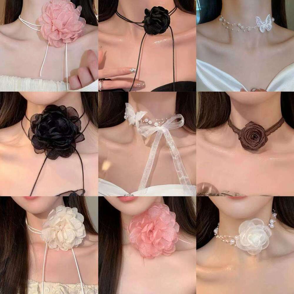 Fabric Mesh Flower Ribbon Internet Celebrity Style Girly Heart Choker Fashion Sweet High-end Sense Necklace